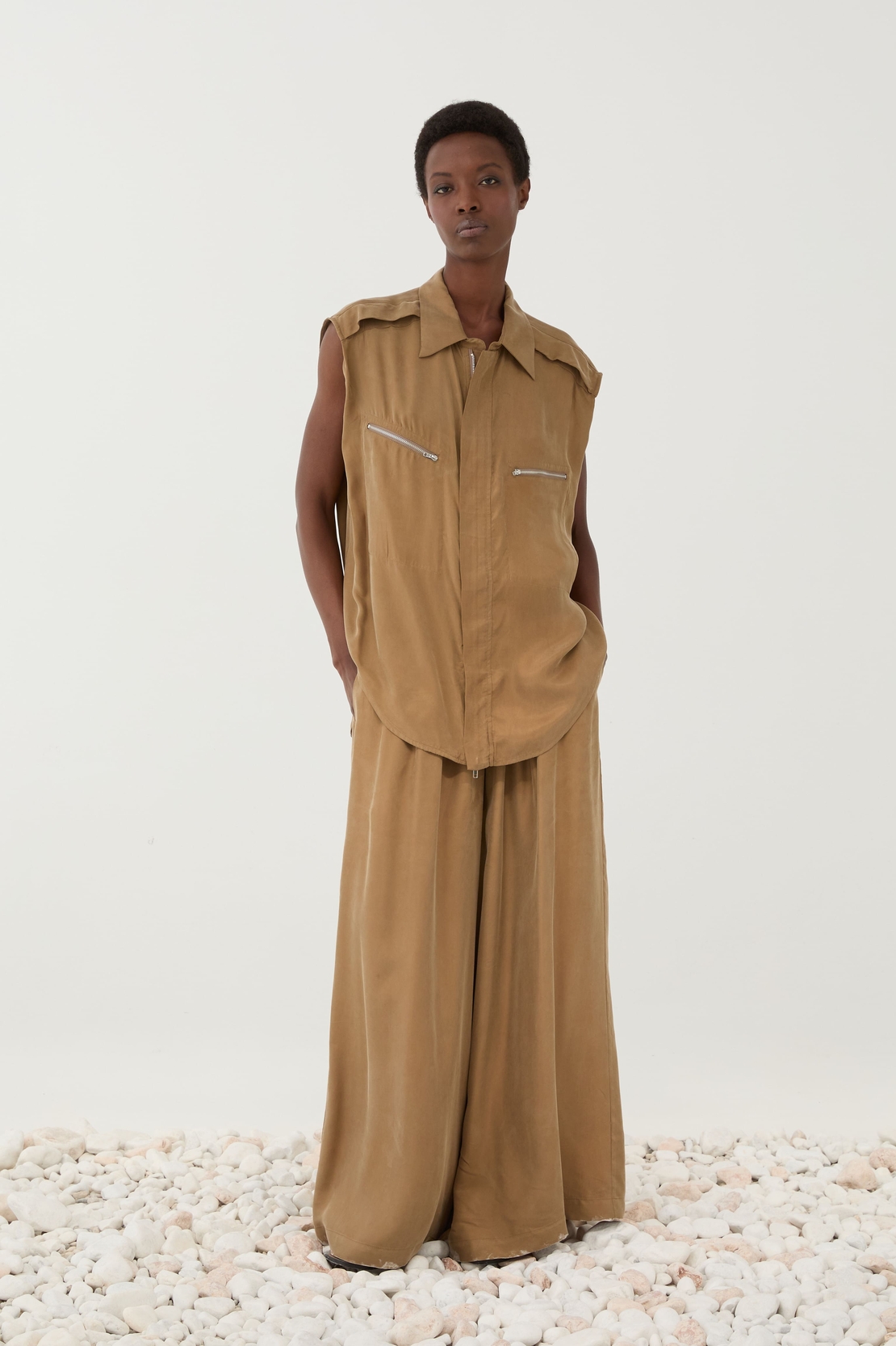 Camel Sleeveless Shirt Set