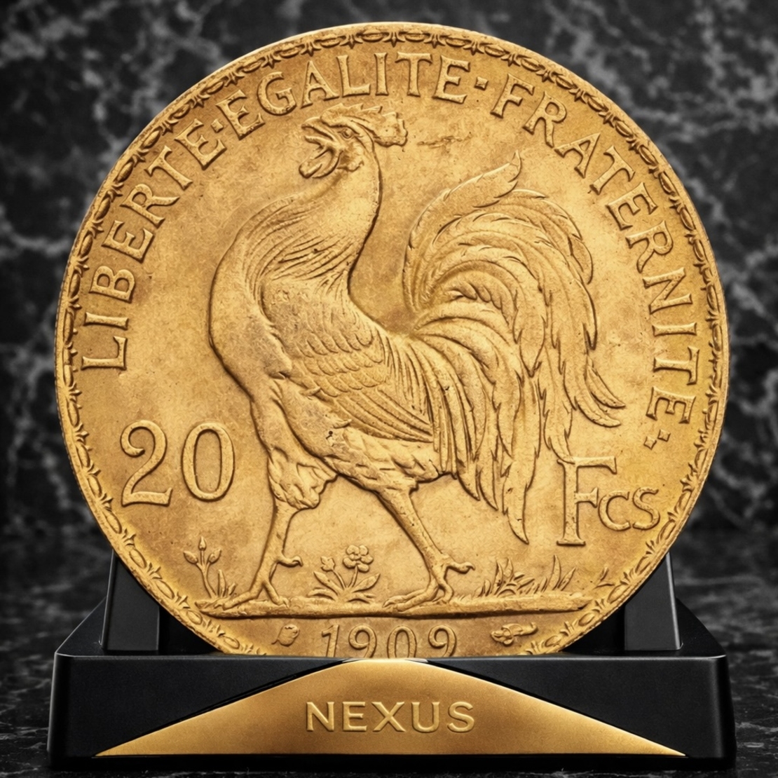 Златна монета Френски франк „Петел“ 20 франка (6.45 г) 1909