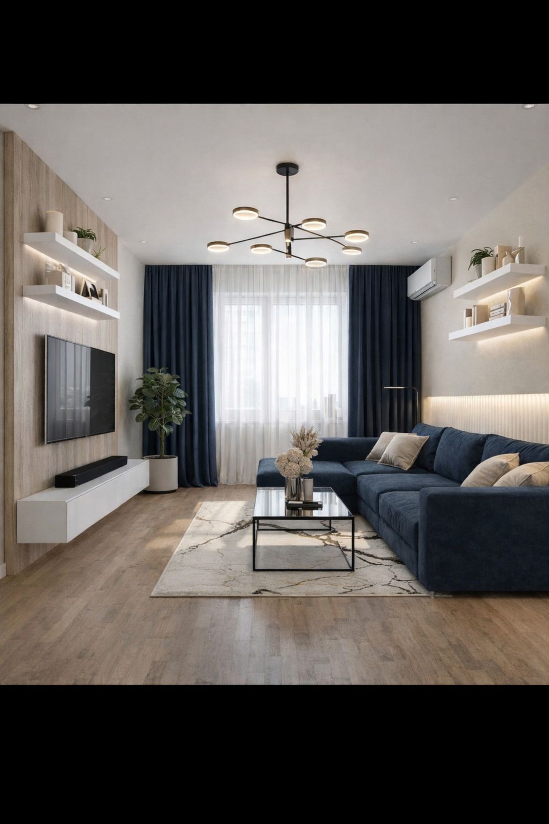 Интериор  с тъмно син акцент