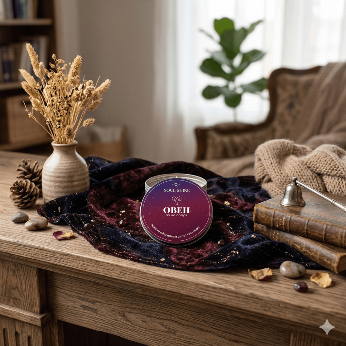 Ароматна свещ - ОВЕН. Перфектен подарък за истински овен. Натураелн восък, арома масла и памучен фитил.