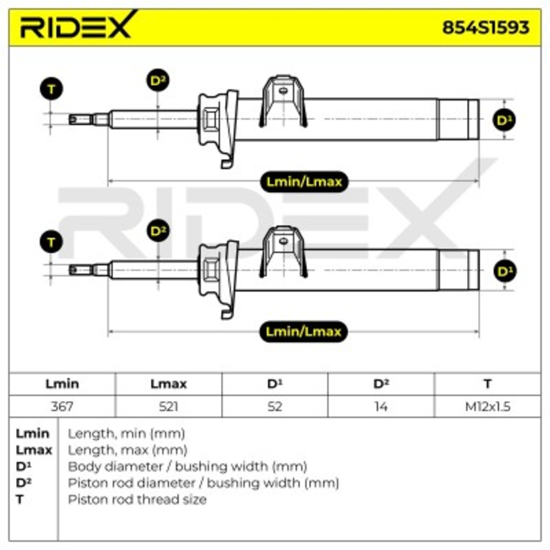 RIDEX 854S1593 Амортисьор за BMW Серия 1, Серия 3 предна ос, газов, 521, Ø: 52x22 mm, двутръбен, макферсън