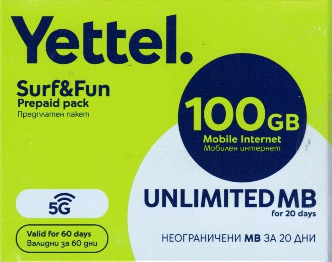 Йеттел предплатен пакет мобилен интернет 100GB Sim