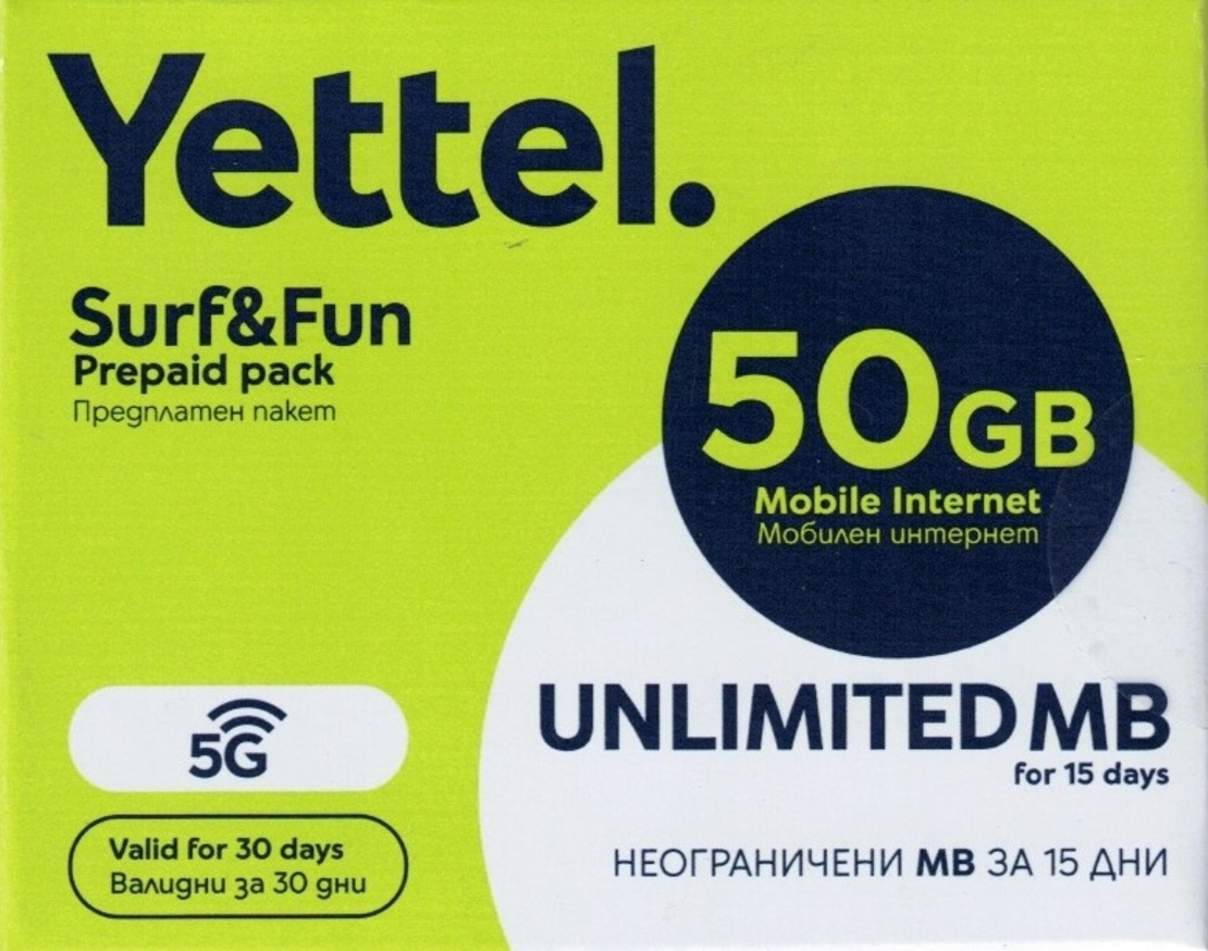 Йеттел предплатен пакет мобилен интернет 50GB Sim