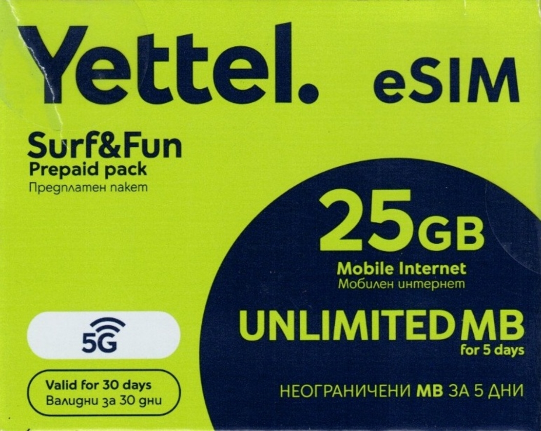 Йеттел предплатен пакет мобилен интернет 25GB eSim