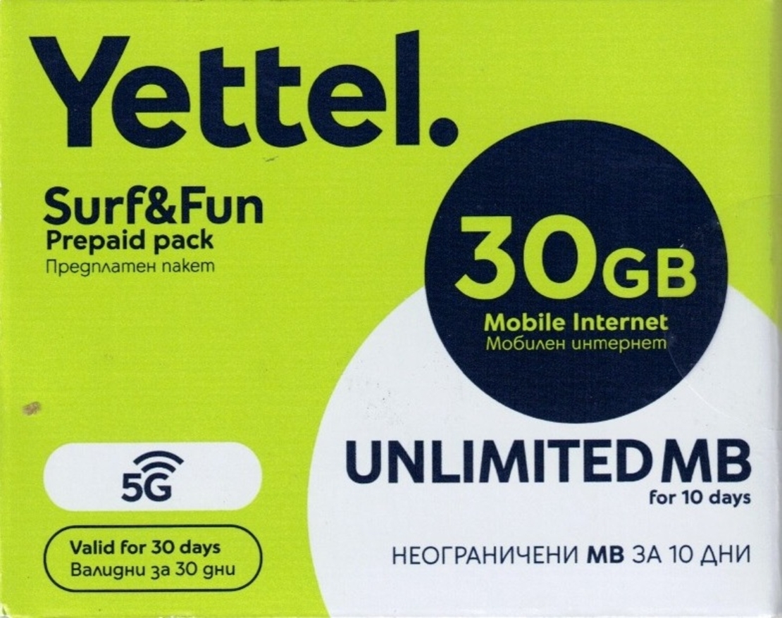Йеттел предплатен пакет мобилен интернет 30GB Sim