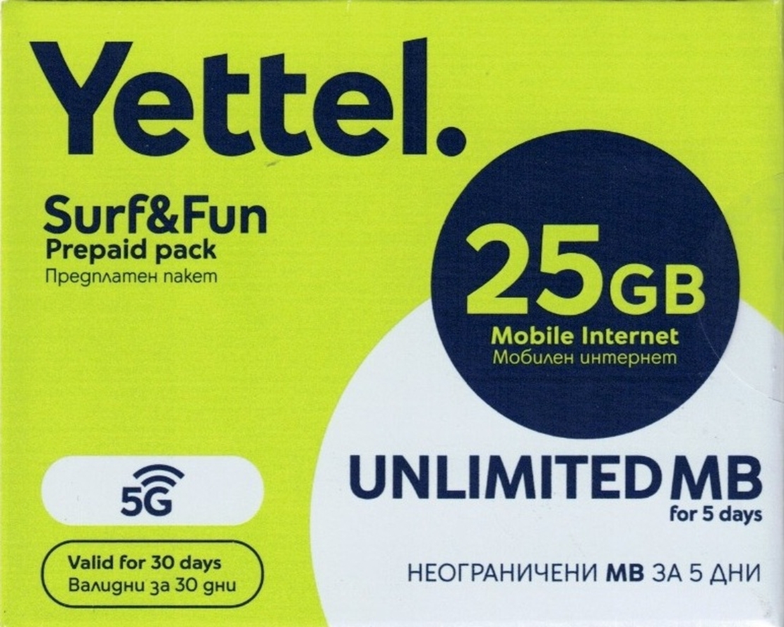 Йеттел предплатен пакет мобилен интернет 25GB Sim
