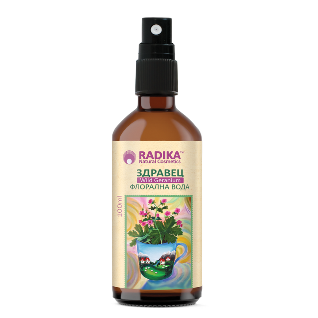 ФЛОРАЛНА ВОДА от ЗДРАВЕЦ, тъмен стъклен флакон със спрей, Radika, 100ml