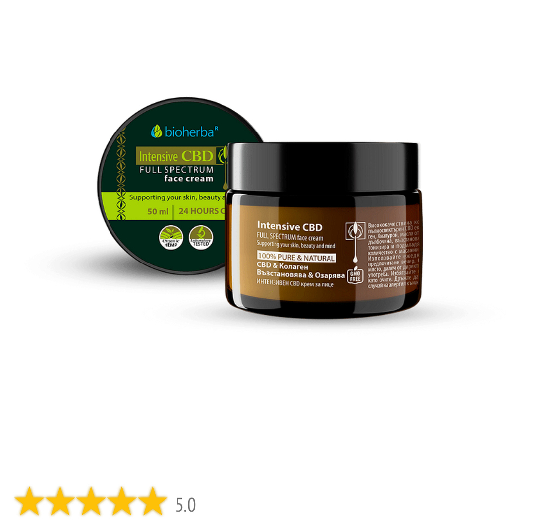 Интензивен CBD крем за лице, с Колаген, Възстановява & Озарява, 50мл, БИОХЕРБА