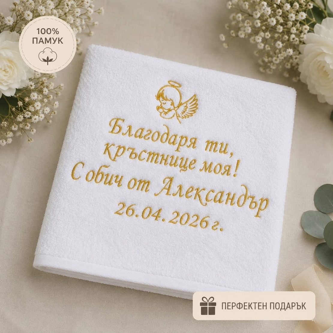 Персонализирана памучна кърпа за кръстница