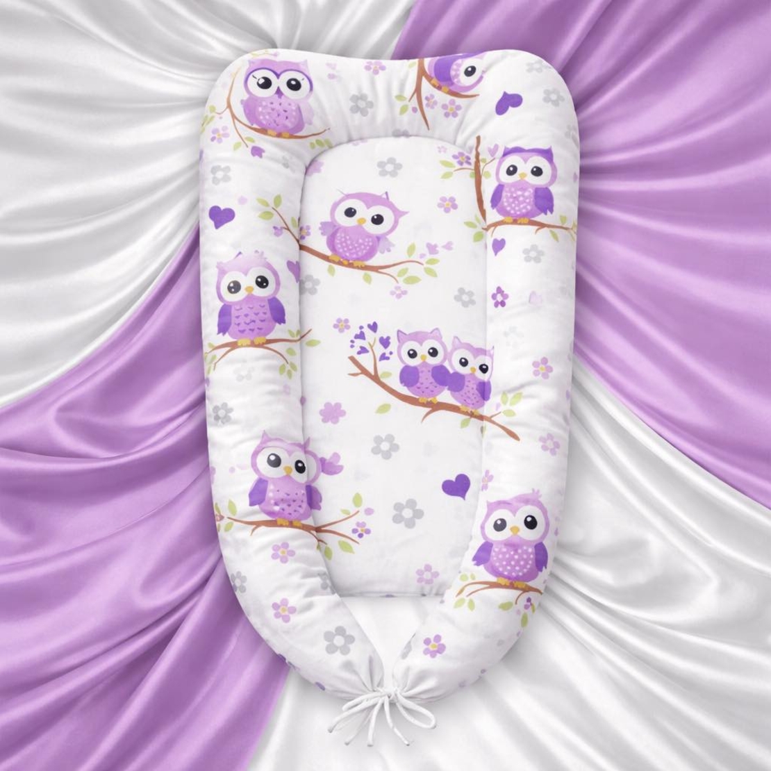 Преносимо бебешко легло на лилави бухалчета