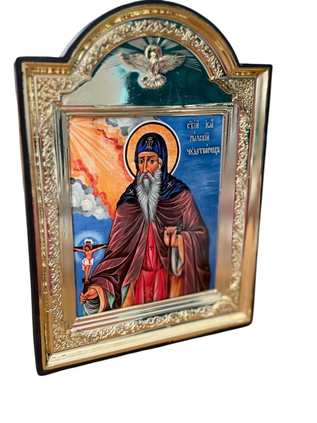 Икона на Свети Йоан Рилски Чудотворец – аркова форма със златиста рамка