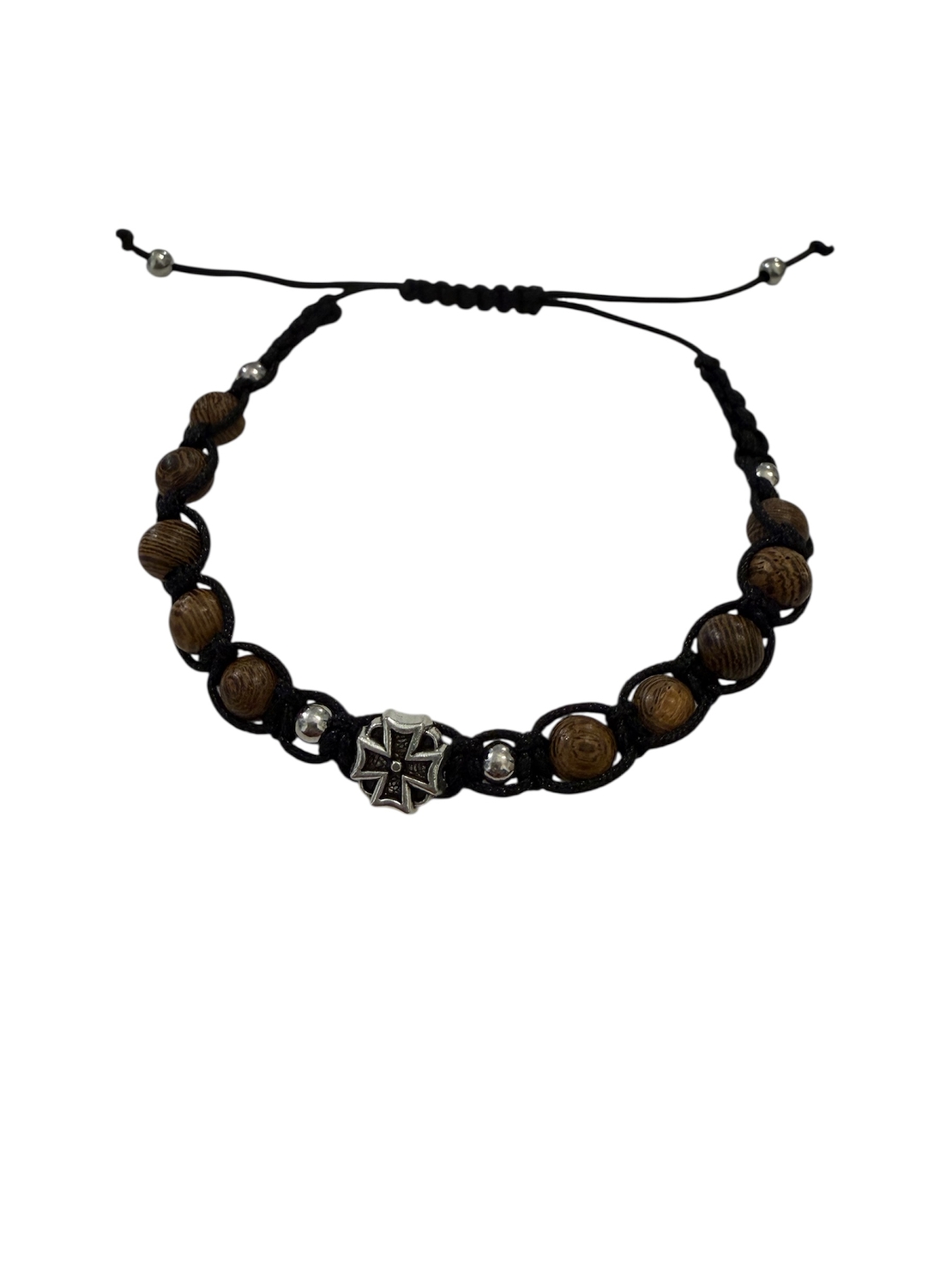 Плетена гривна с метален кръст и дървени мъниста