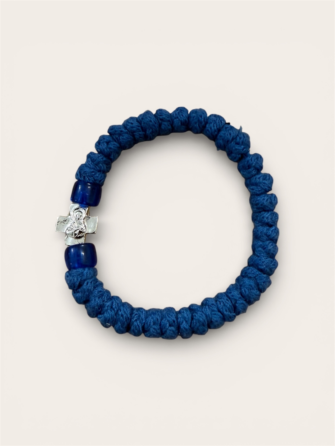 Ръчно плетена синя православна гривна с кръст