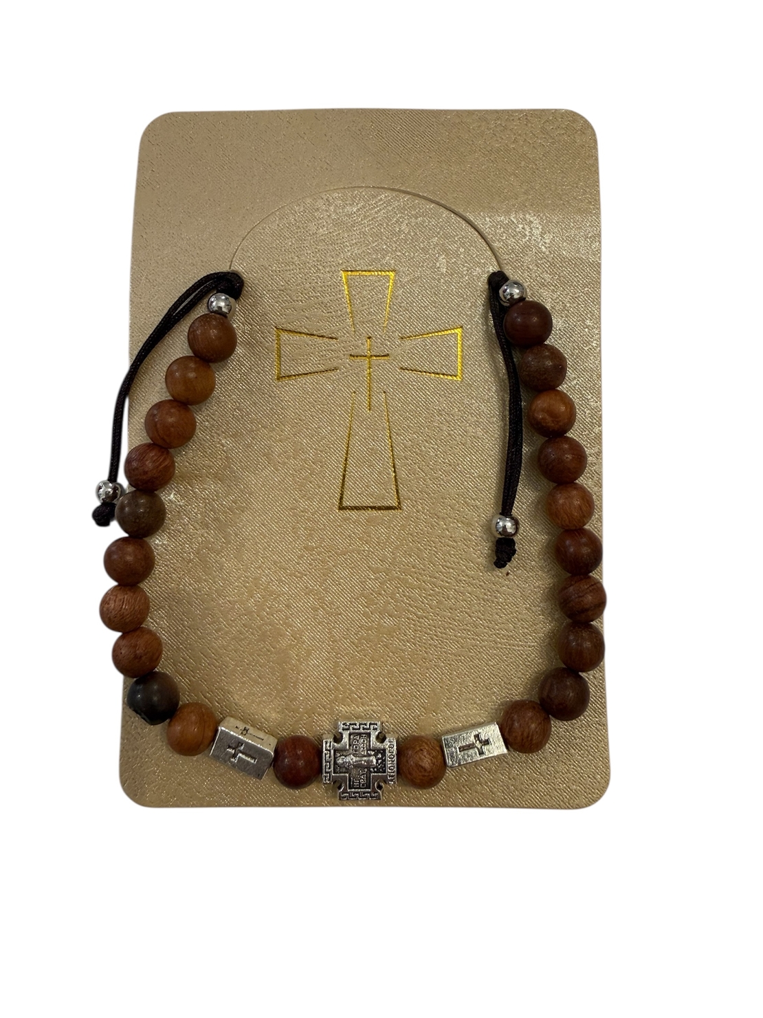 Гривна с дървени мъниста и метален кръст с надпис