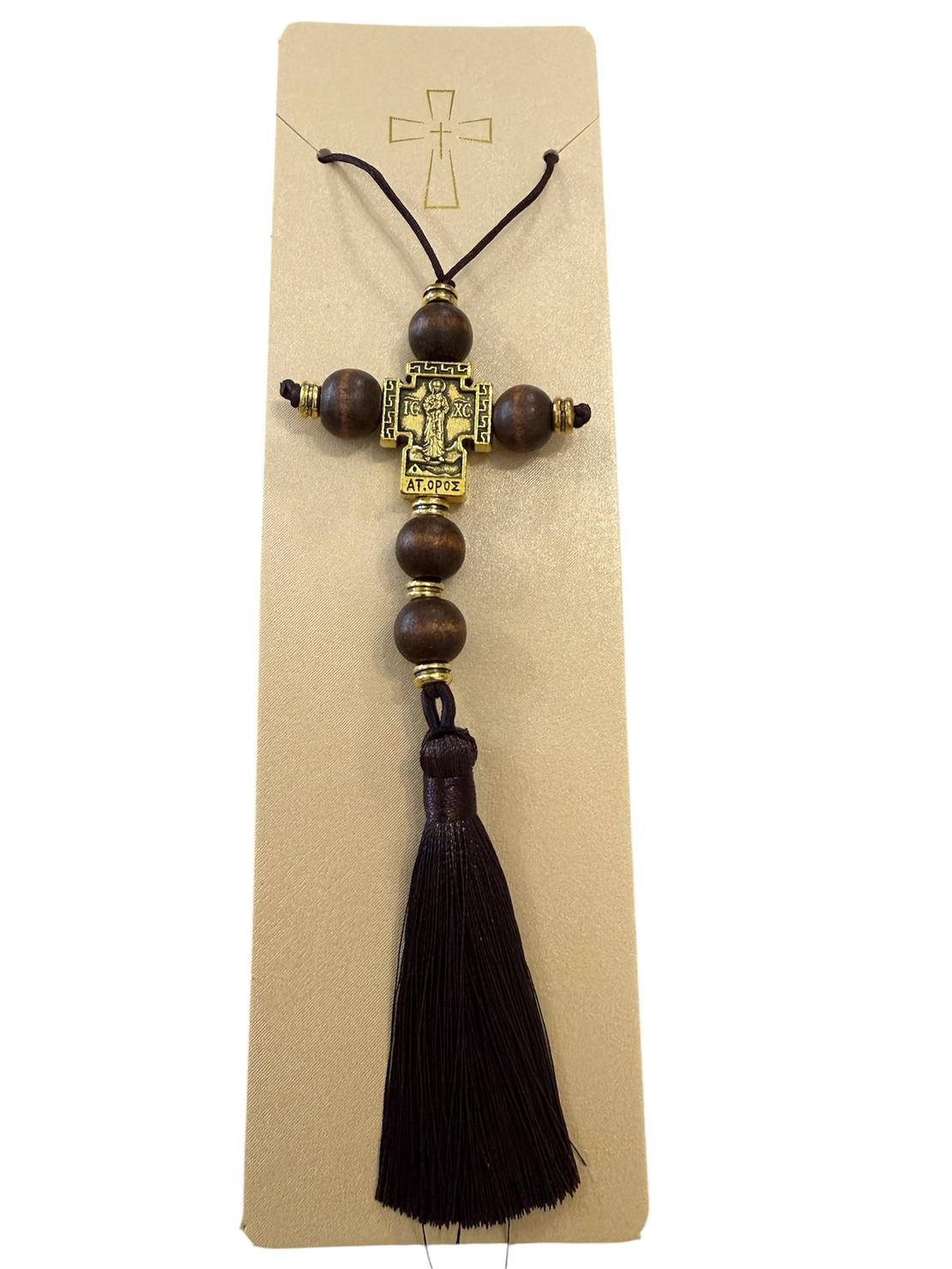 Православен кръст за окачване с дървени мъниста и пискюл