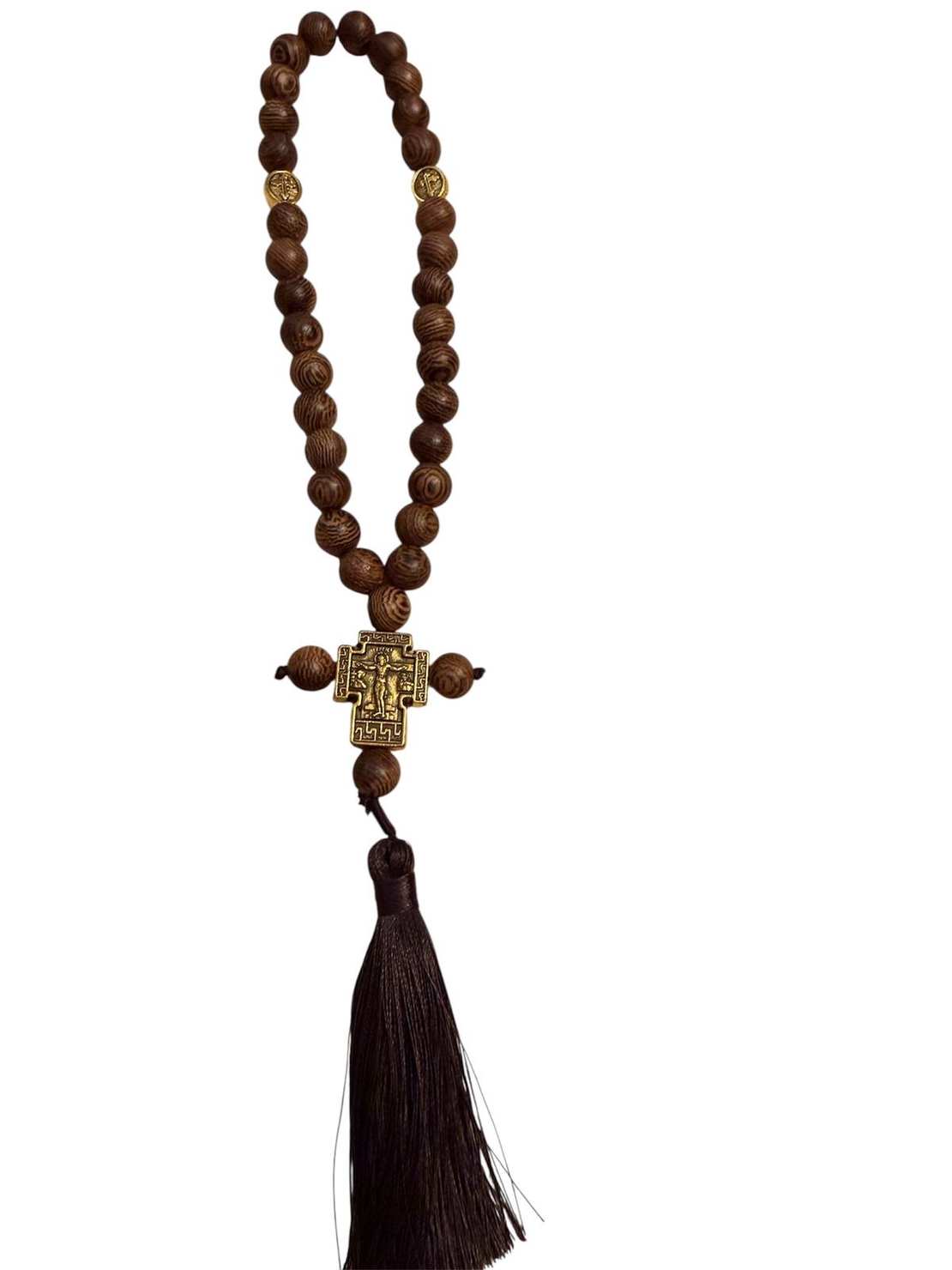 Православна дървена броеница с кръст и пискюл