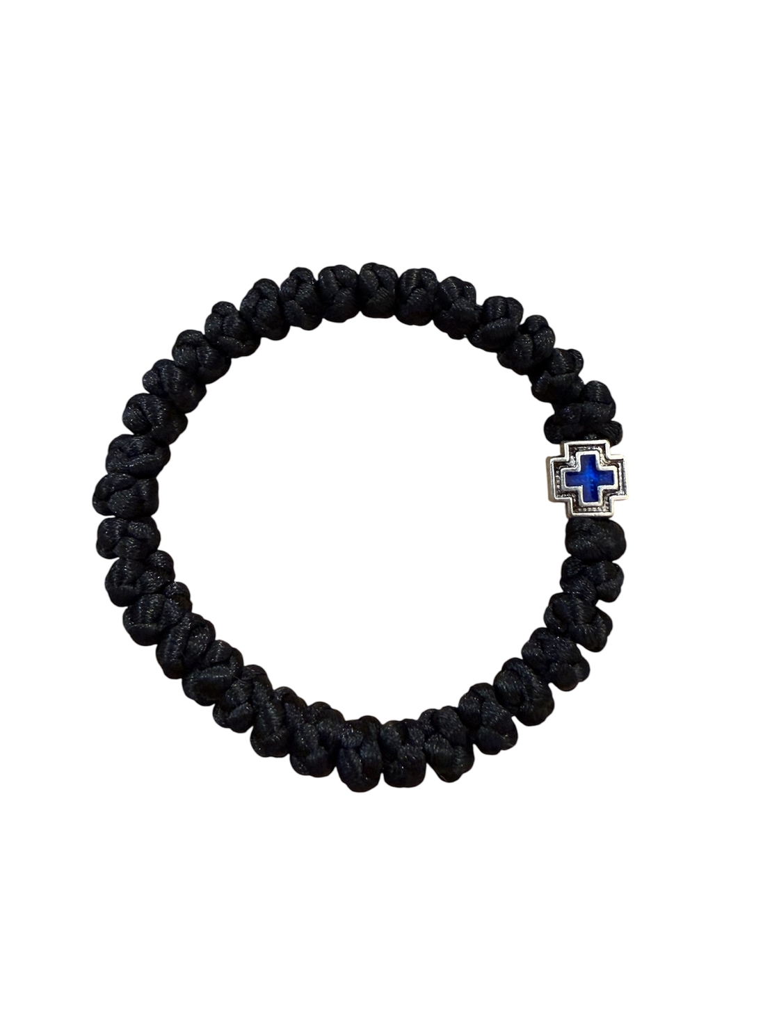 Ръчно плетена православна гривна със син емайлиран кръст