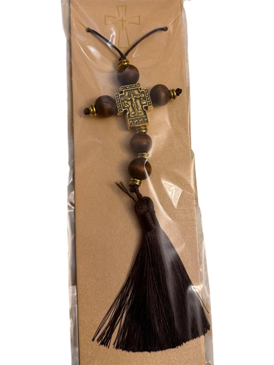 Православен кръст за автомобил с дървени мъниста и пискюл