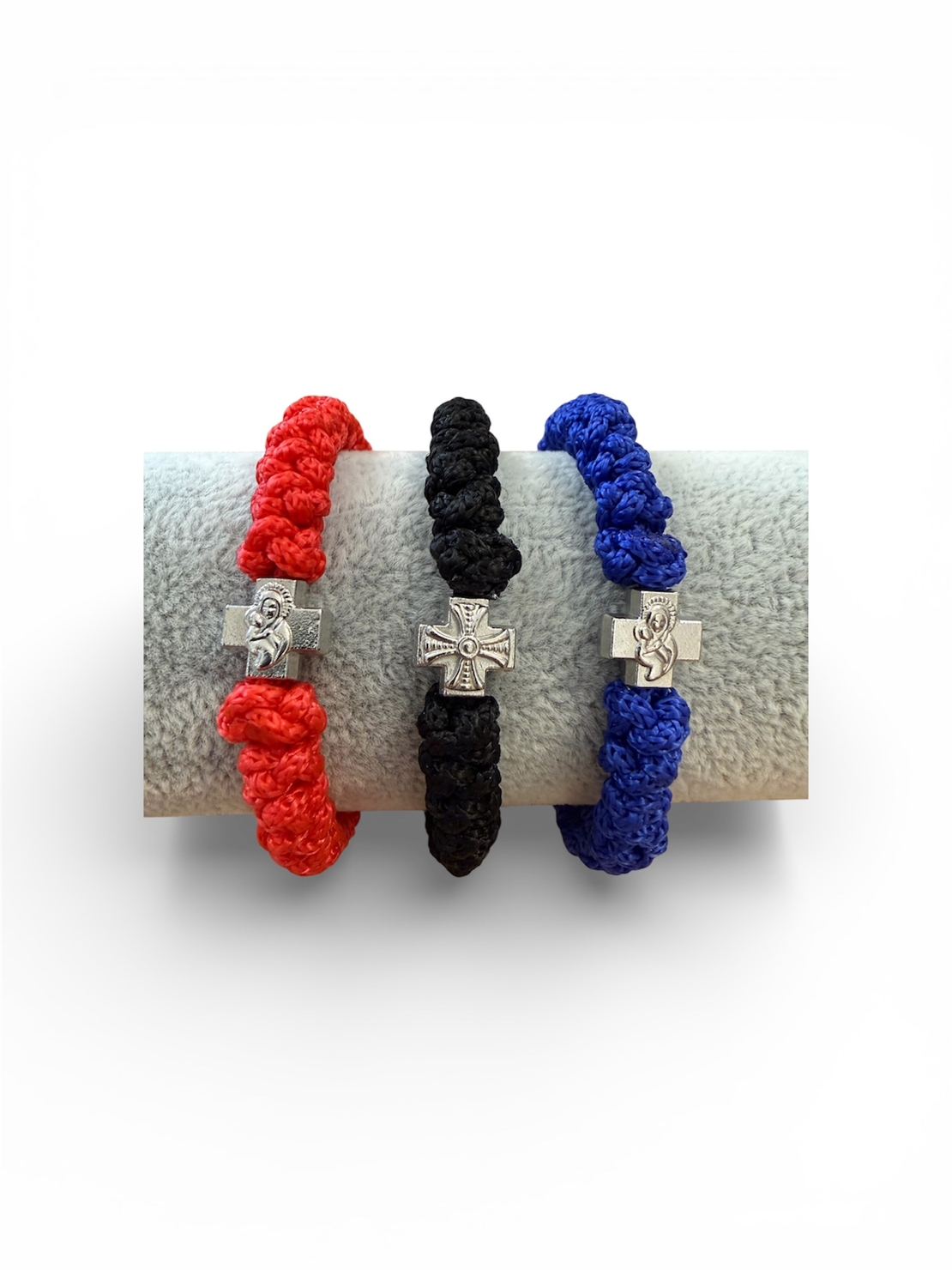 Плетена гривна с православен кръст – червена, черна и синя