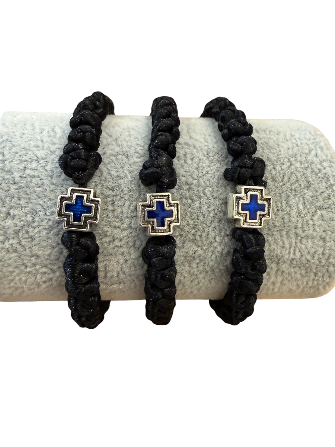 Ръчно плетена православна гривна със син емайлиран кръст