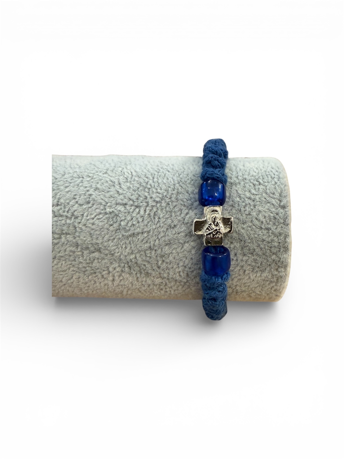 Ръчно плетена синя православна гривна с кръст