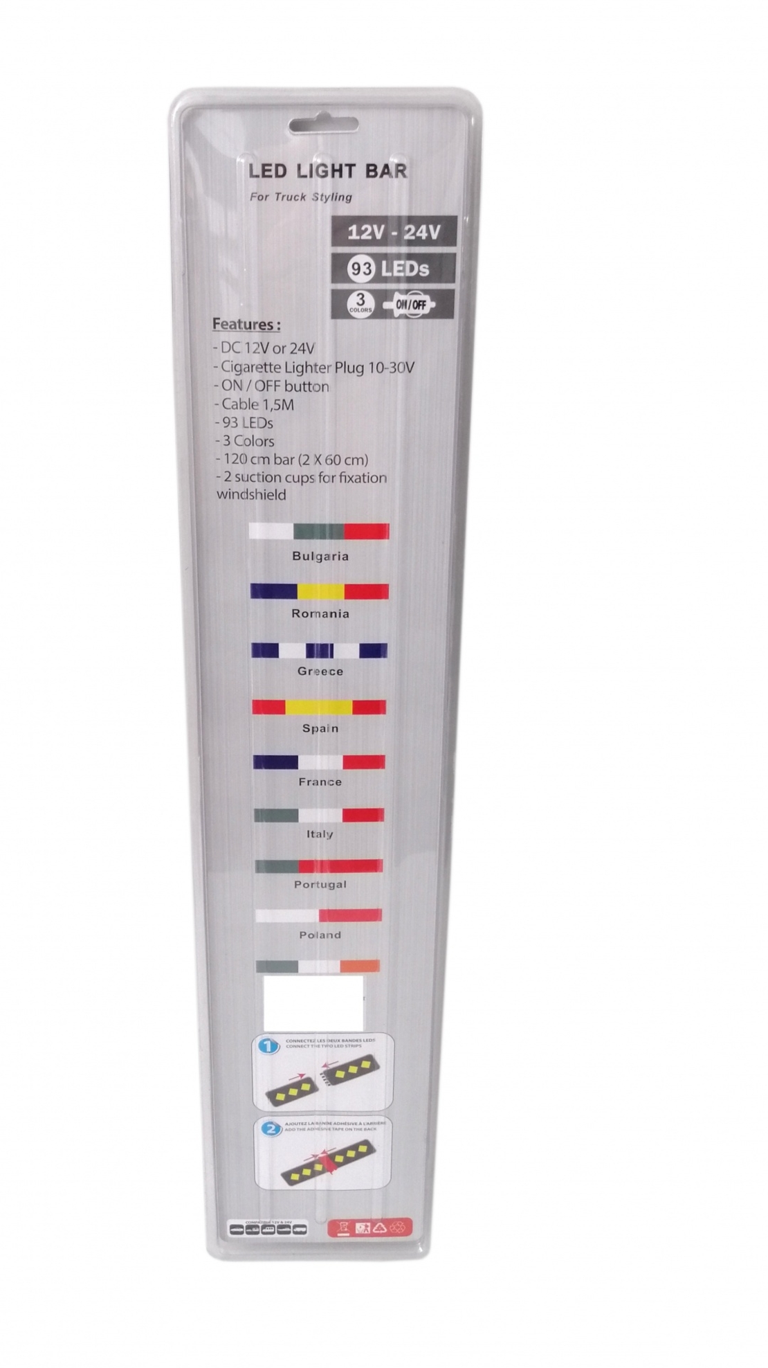 Светещ лед бар 120 cm (2 х 60 cm) 93 LED 12V - 24V зелено-бяло-оранжево IE Ireland флаг знаме Ирландия