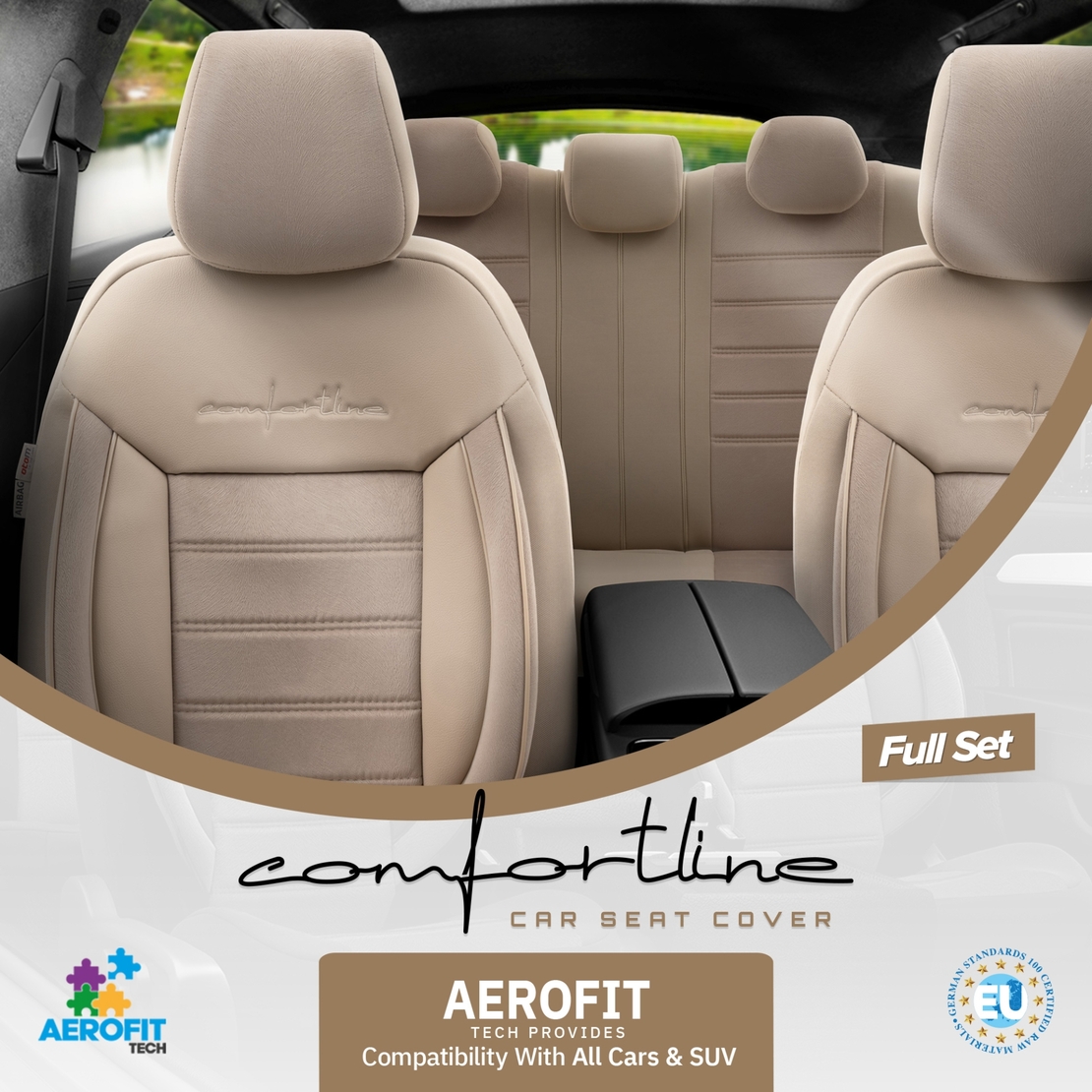 Комплект Луксозна Тапицерия OTOM текстил с еко кожа COMFORT LINE Design – Бежова с бежов шев, за Предни и Задни Седалки