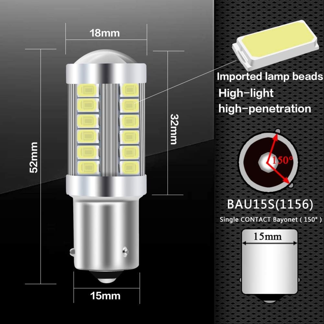 Комплект от 2бр. LED Лед Крушки, 33 SMD, С Лупа, BAU15S 1156 (P21W), 12V, Бяла, Светлина Разминати пинове (150°)