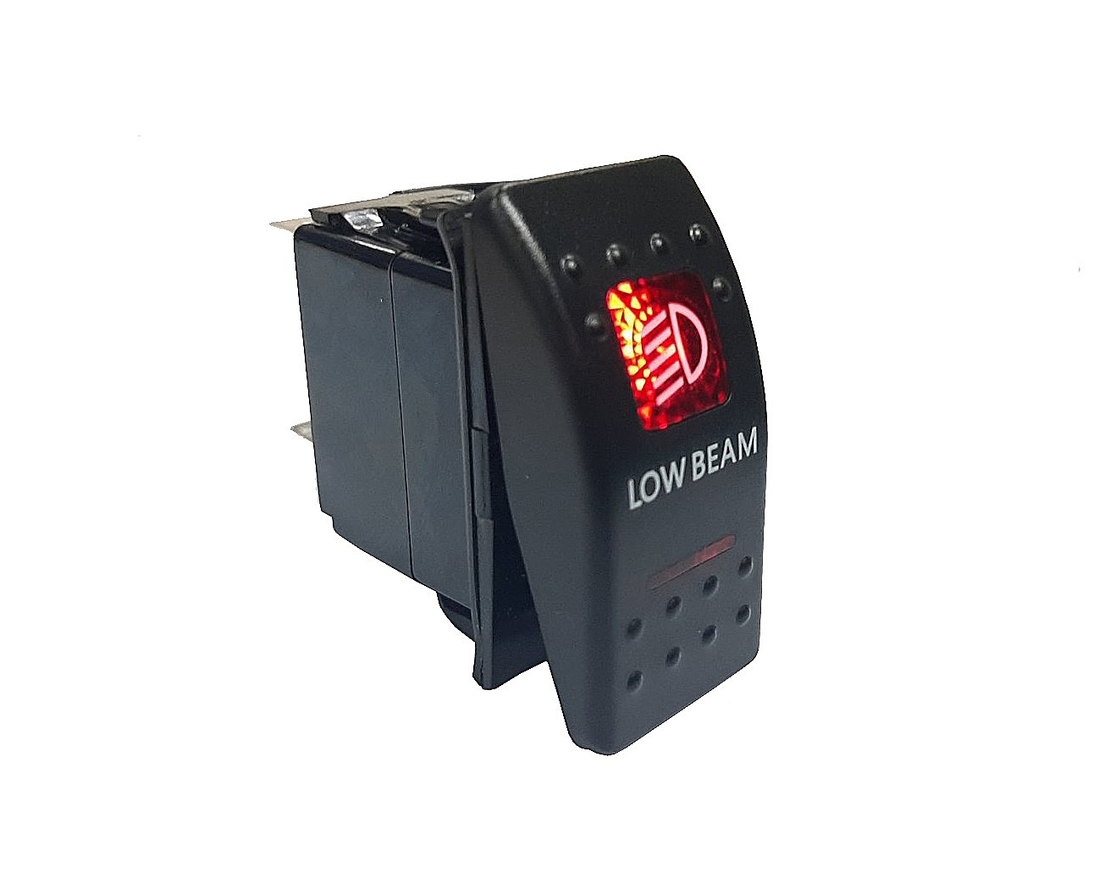 Копче, Бутон, За Вграждане, за LED Лед Бар, Халоген, Къси Светлини, 12V - 24V, Надпис  LOW BEAM , Червена Светлина
