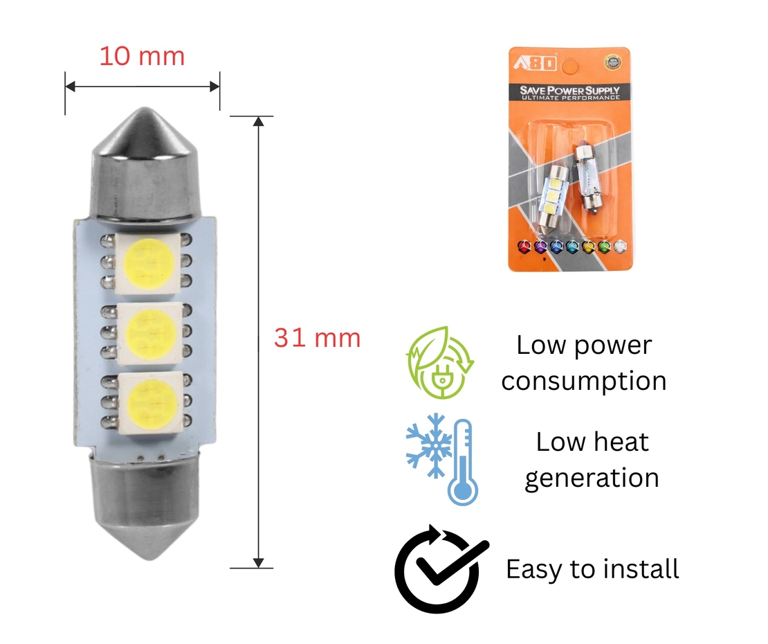 Комплект 2 бр. LED крушки C5W 31 mm, 3x SMD 5050, 6000–6500K бяла светлина – блистер