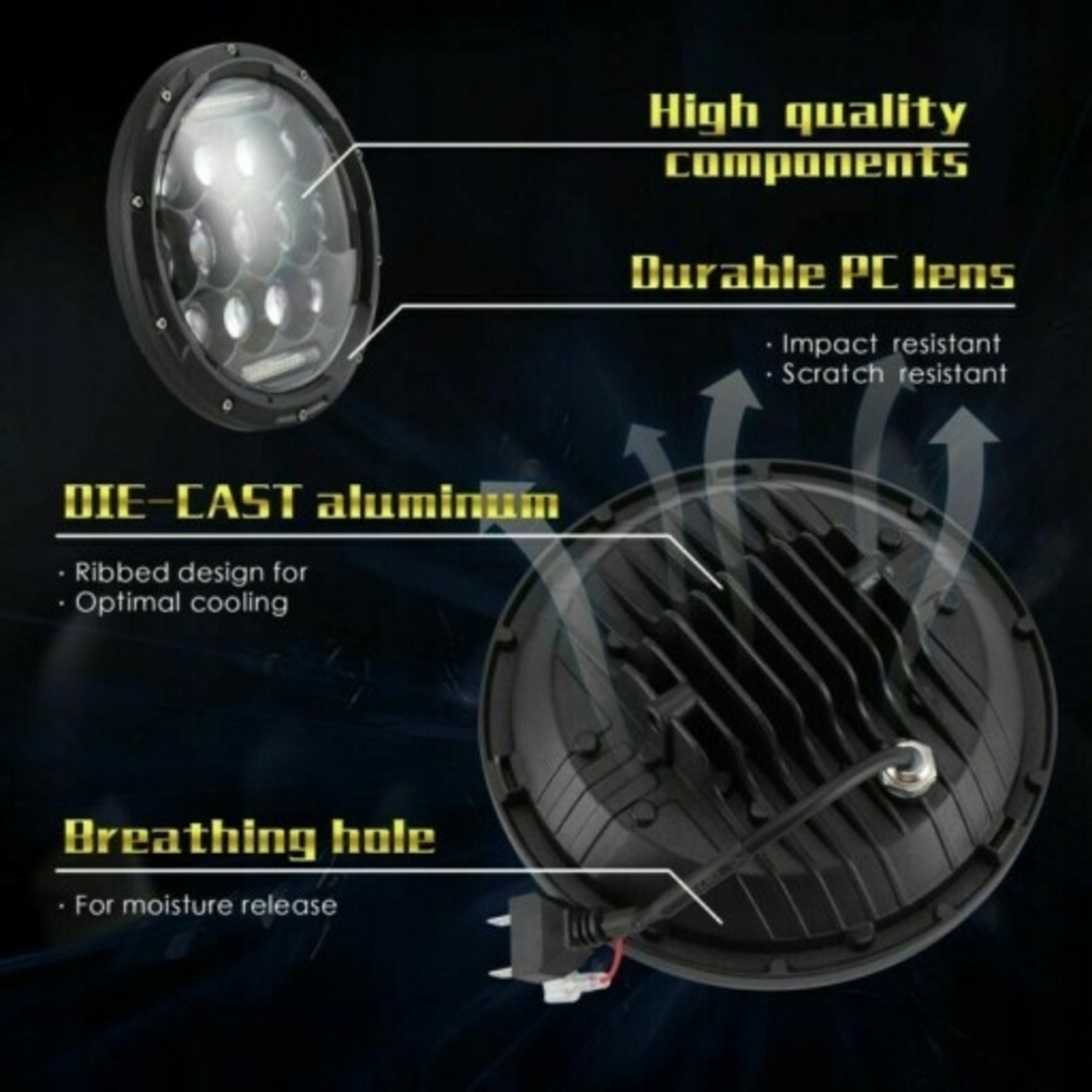 Комплект от 2бр. универсален 7 инча 18см ЛЕД LED фар лампа халоген 12V-24V къси/дълги с DRL дневни светлини бяло 8000lm за АТВ джип мотоциклет камион трактор и др.