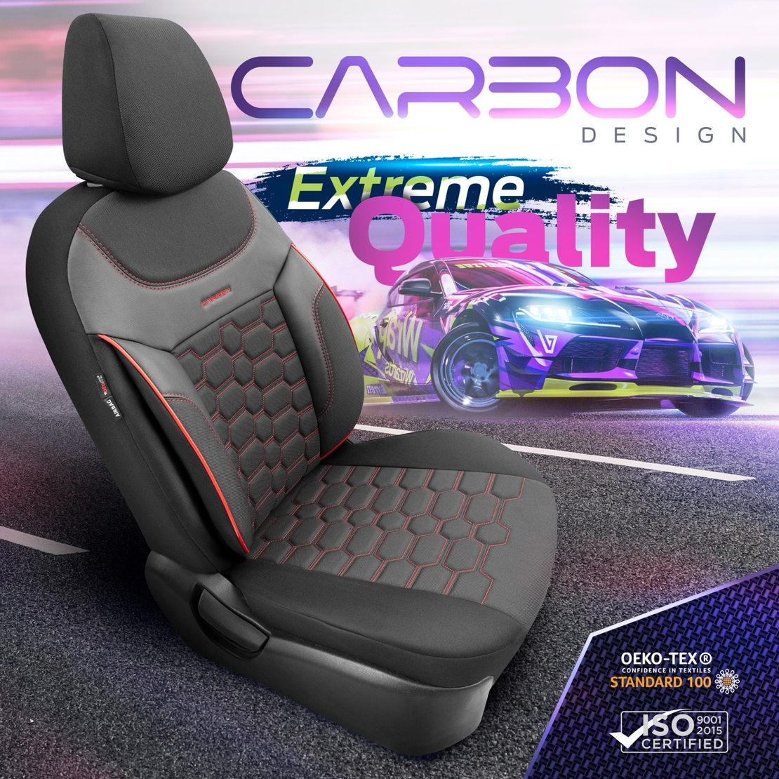 Комплект Луксозна Тапицерия OTOM текстил с еко кожа CARBON Design – Черна с червен шев, за Предни и Задни Седалки
