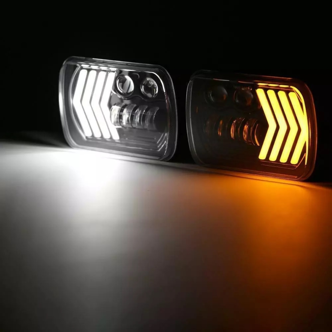 Комплект ляв и десен универсалeн 5x7 инча ЛЕД LED фар лампа халоген 12V-24V къси/дълги с DRL дневни светлини мигач бяло-жълто 8250lm за АТВ джип камион трактор и др.