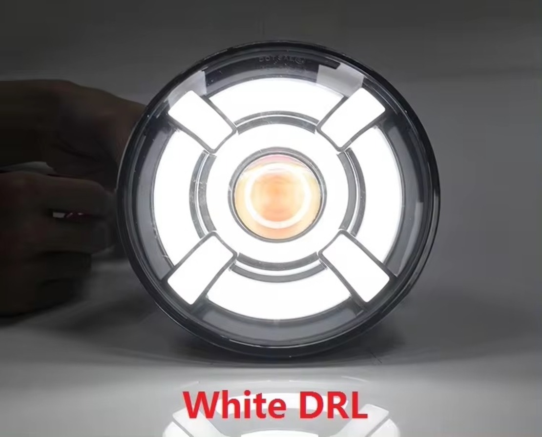 Универсален 7 инча 18см ЛЕД LED фар лампа халоген 12V-24V къси/дълги с DRL дневни светлини мигач бяло-жълто 4800lm за АТВ джип мотоциклет камион трактор и др.