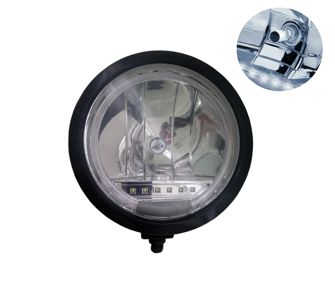 Един 1 Брой Халоген, Фар, Ø 225мм, 12V 24V, Крушка H1 + 6 LED ЛЕД Диода, E-Mark, За Камион, Трактор, Багер, Земеделски Машини и др.