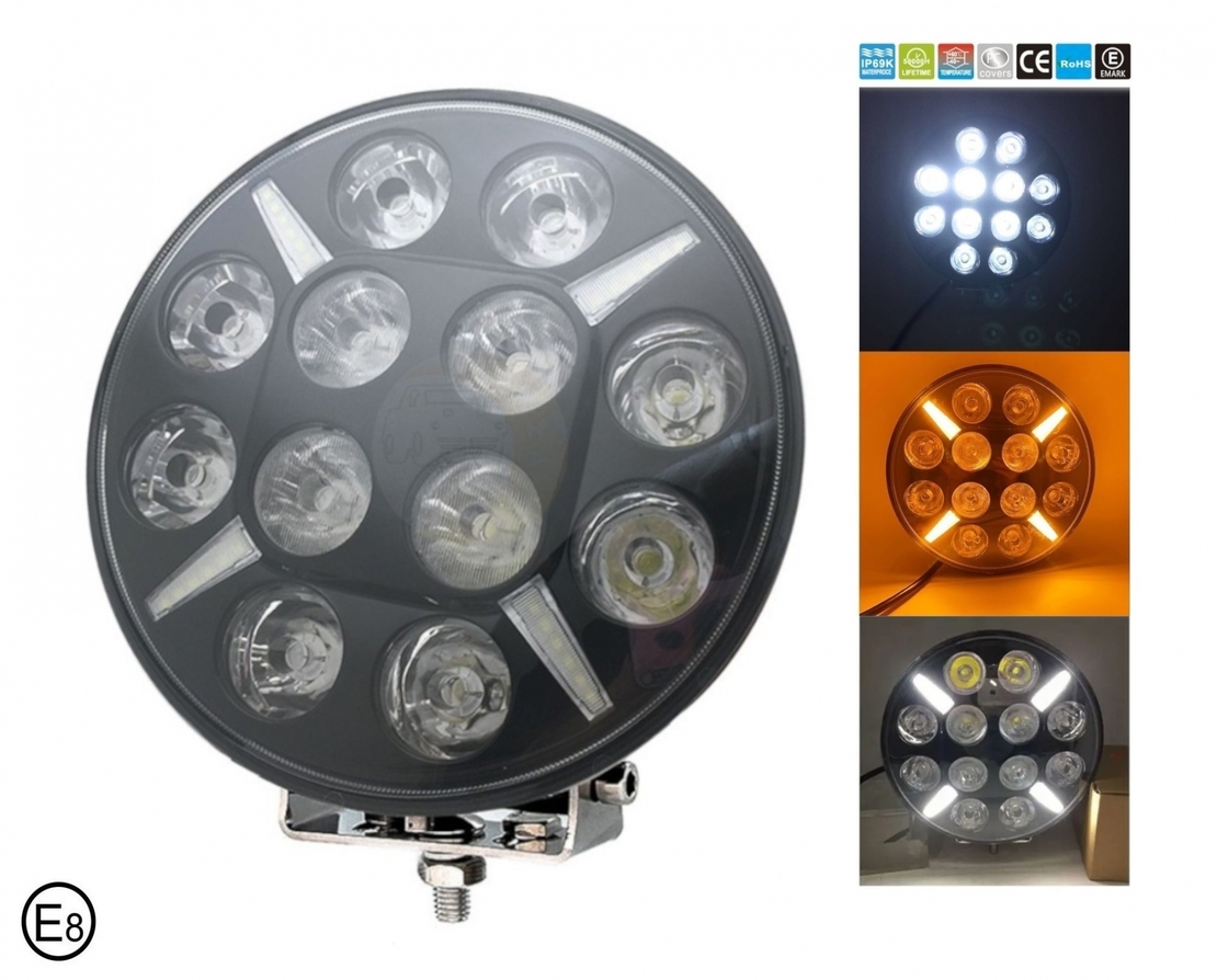 LED Диоден Халоген Фар Бял Оранжев Габарит Ø 218 мм 12V 24V 12 Диода за джип камион трактор багер
