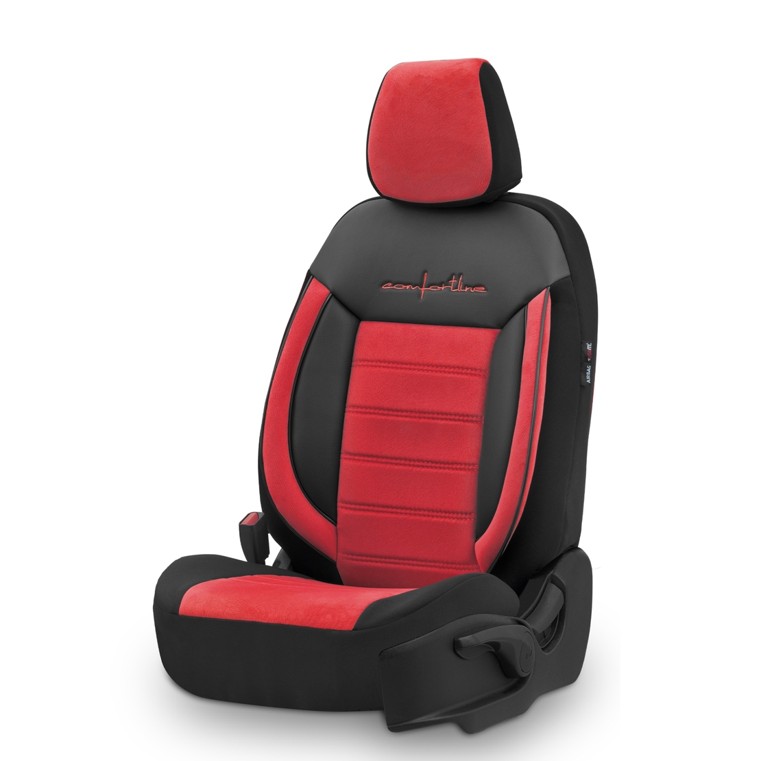 Комплект Луксозна Тапицерия OTOM текстил с еко кожа COMFORT LINE Design – Червено-Черна с червен шев, за Предни и Задни Седалки