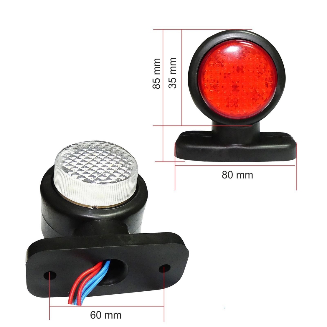 2 броя 12V LED ЛЕД Гумени Странични Рогчета Маркери - габаритни светлини за камион тир ремарке - 85мм х 80мм бяло-червено