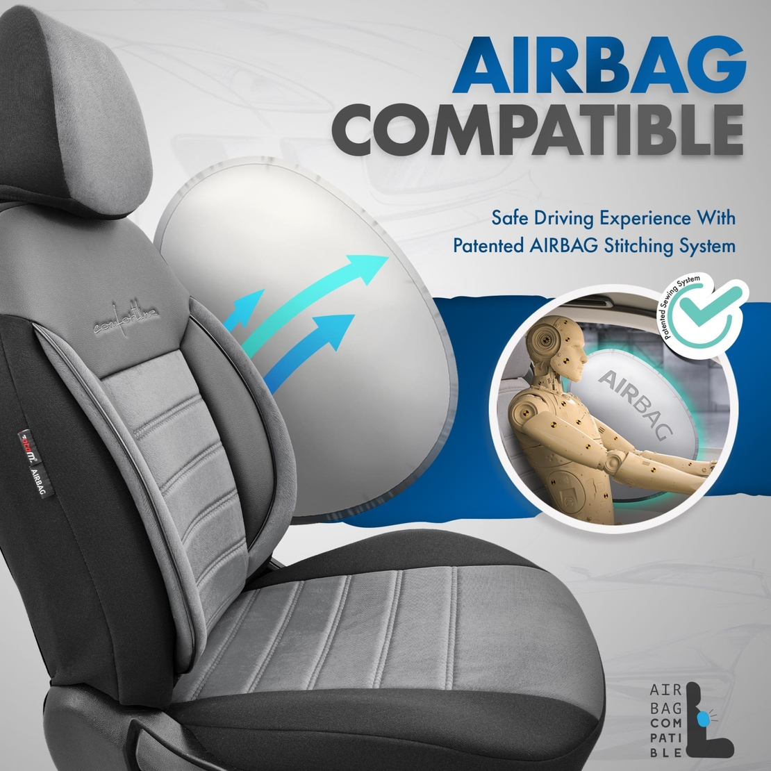 Комплект Луксозна Тапицерия OTOM текстил с еко кожа COMFORT LINE Design – Сиво-Черна със сив шев, за Предни и Задни Седалки