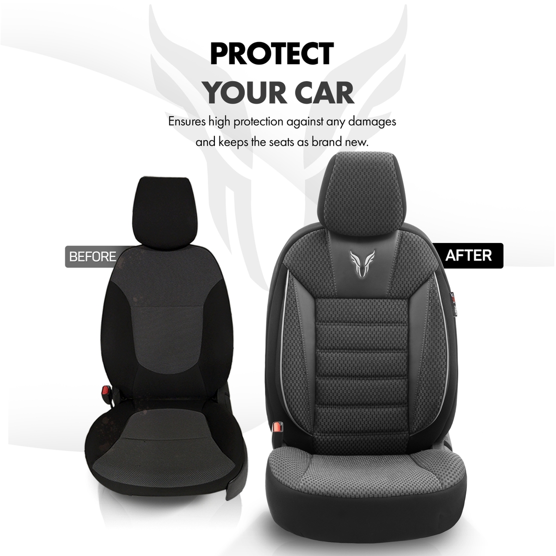 Комплект Луксозна Тапицерия OTOM текстил с еко кожа TORO Design – Черна със сив шев, за Предни и Задни Седалки