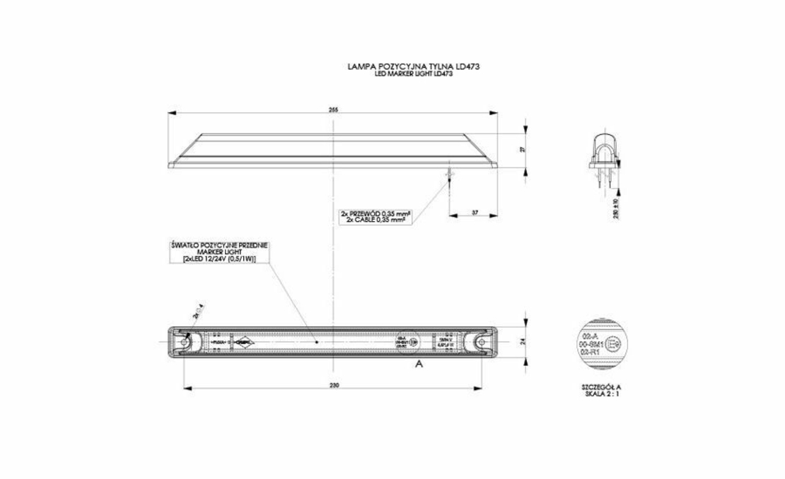 LED Лед Диоден Габарит Маркер Червен 25,5cm 12V - 24V E-Mark E9 от Полша
