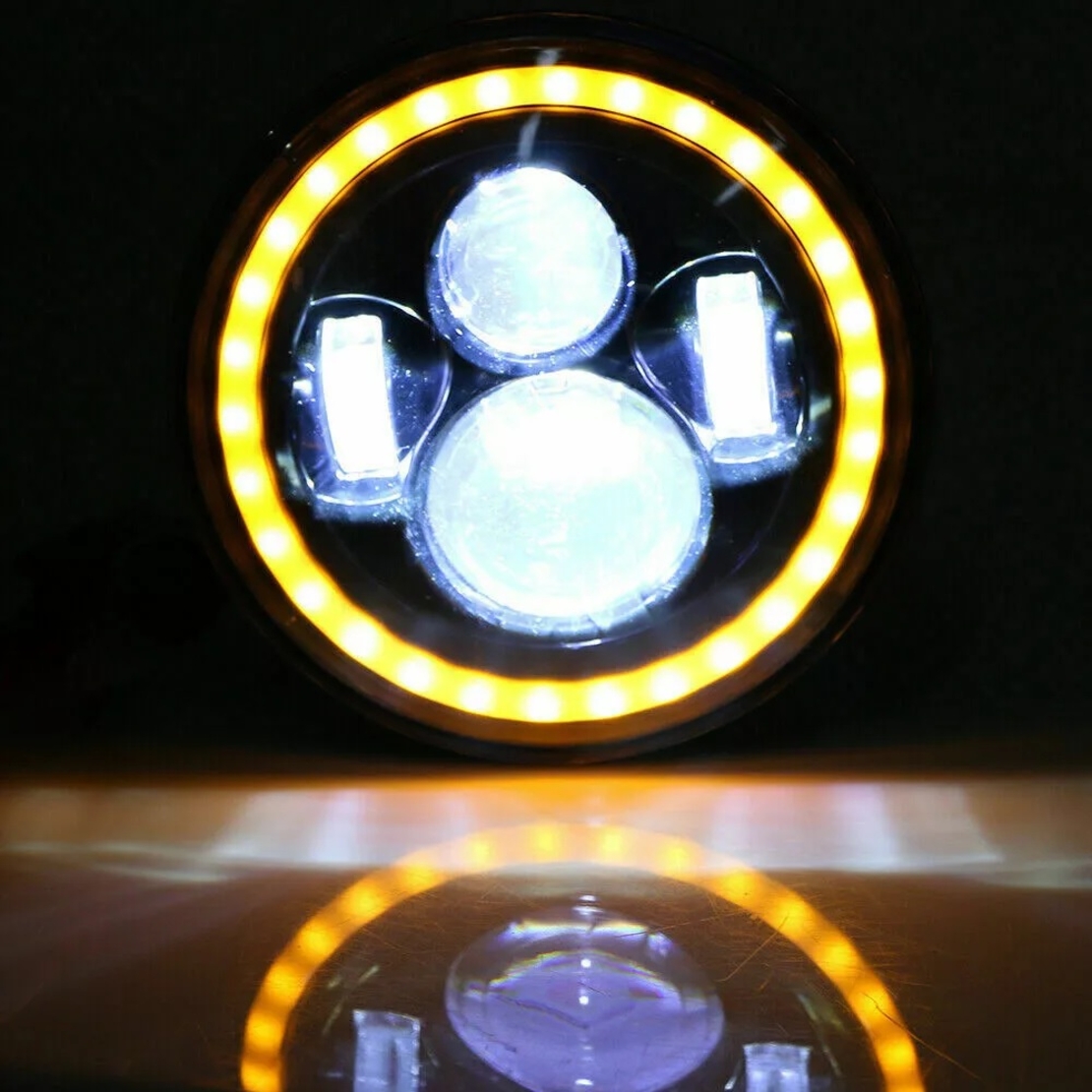 Универсален 7 инча 18см ЛЕД LED фар лампа халоген 12V-24V къси/дълги с DRL дневни светлини мигач бяло-жълто 6500lm за АТВ джип мотоциклет камион трактор и др.