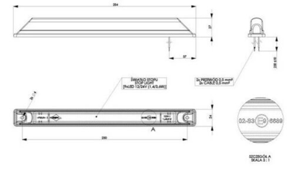 LED Лед Трети Стоп, Маркер, Габарит, 24см, 12V - 24V, 9 Диода,Червена Светлина, Е-Mark