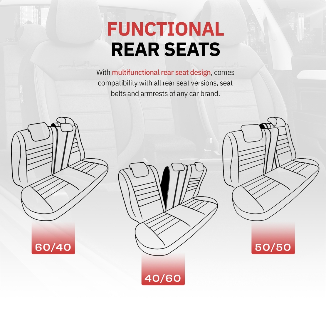 Комплект Луксозна Тапицерия OTOM текстил с еко кожа COMFORT LINE Design – Червено-Черна с червен шев, за Предни и Задни Седалки