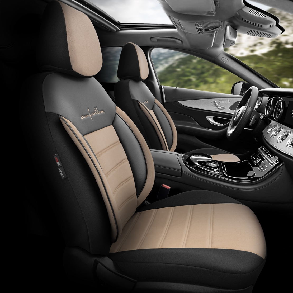Комплект Луксозна Тапицерия OTOM текстил с еко кожа COMFORT LINE Design – Бежово-Черна с бежов шев, за Предни и Задни Седалки