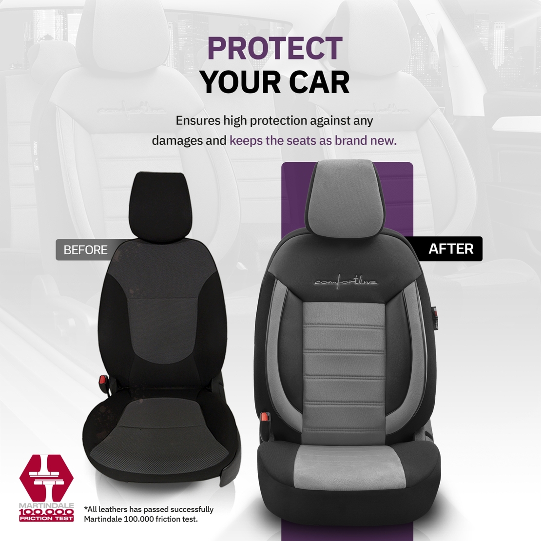 Комплект Луксозна Тапицерия OTOM текстил с еко кожа COMFORT LINE Design – Сиво-Черна със сив шев, за Предни и Задни Седалки