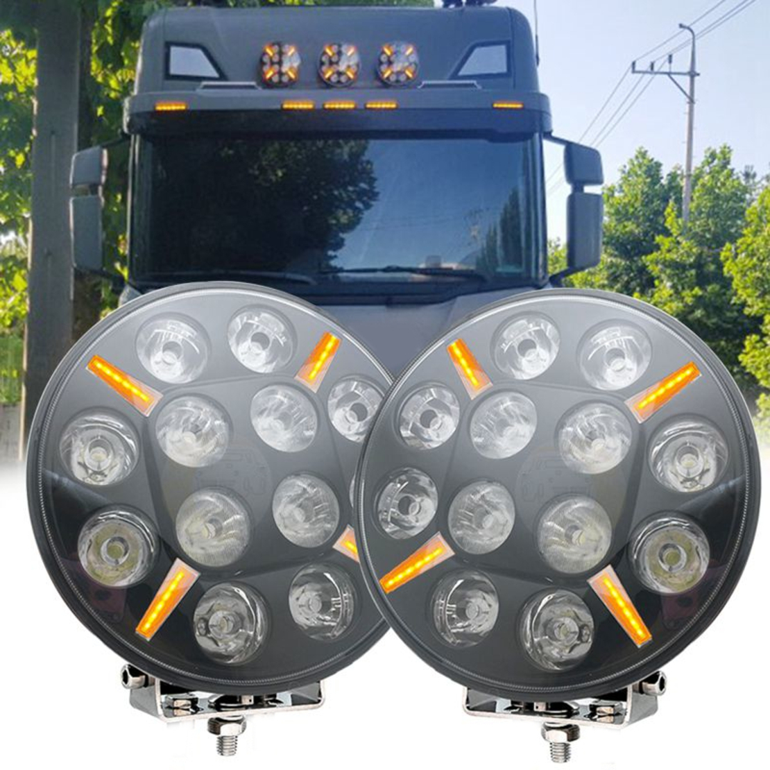 LED Диоден Халоген Фар Бял Оранжев Габарит Ø 218 мм 12V 24V 12 Диода за джип камион трактор багер