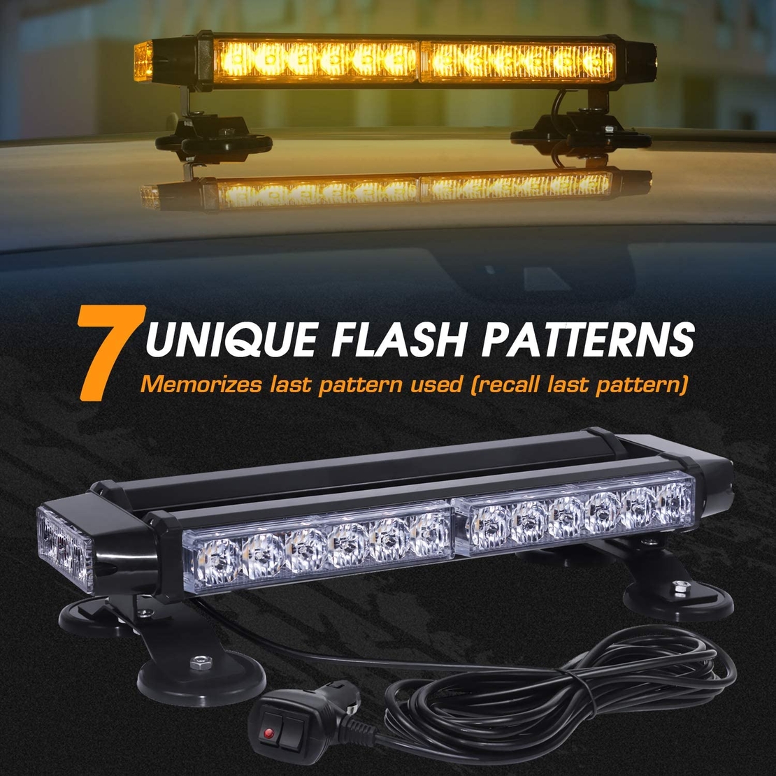 Супер мощна 30 ЛЕД LED Двустранна Аварийна Сигнална Лампа Блиц Маяк с Магнити Магнит За Пътна Помощ Платформа Снегорин 12-24V със 7 режима на работа Жълта 39.5 cm.