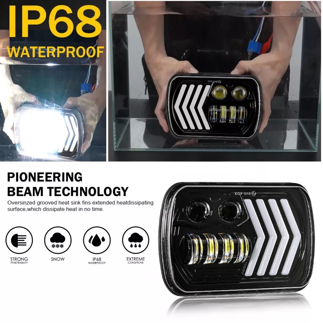 Комплект ляв и десен универсалeн 5x7 инча ЛЕД LED фар лампа халоген 12V-24V къси/дълги с DRL дневни светлини мигач бяло-жълто 8250lm за АТВ джип камион трактор и др.