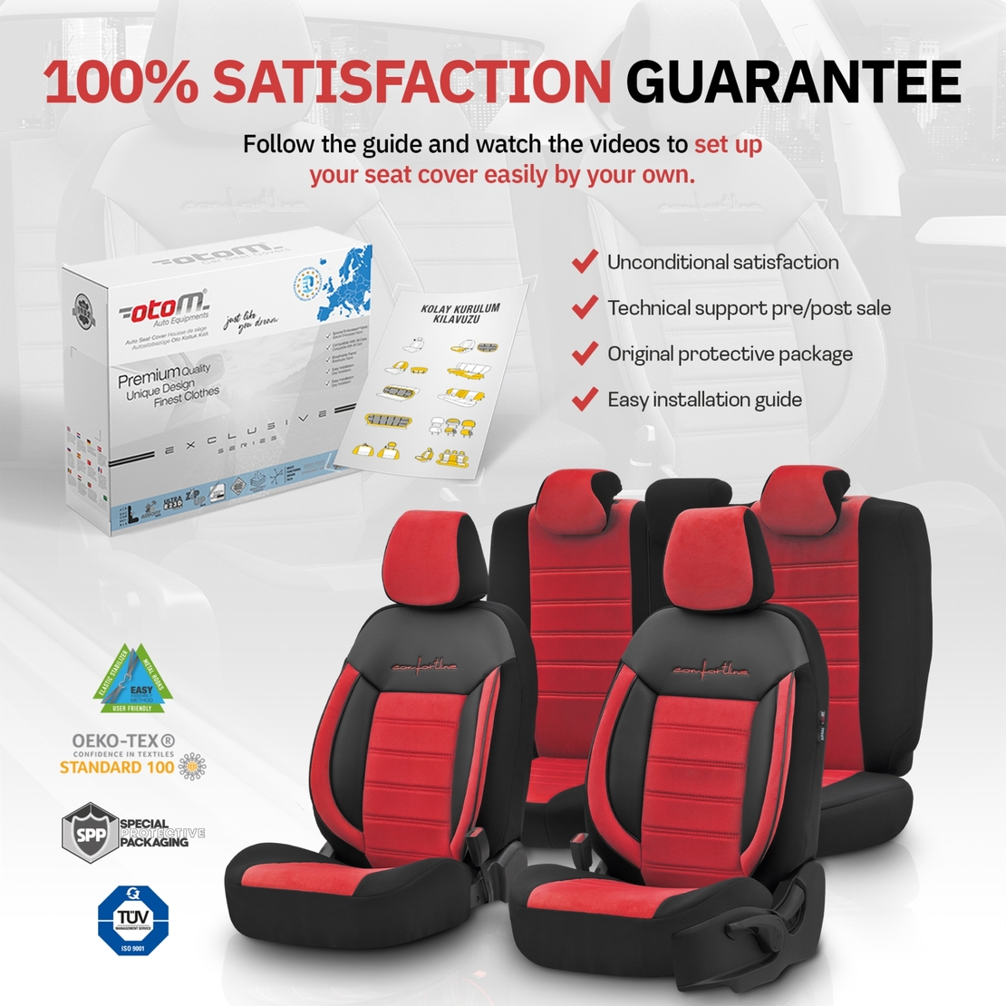 Комплект Луксозна Тапицерия OTOM текстил с еко кожа COMFORT LINE Design – Червено-Черна с червен шев, за Предни и Задни Седалки